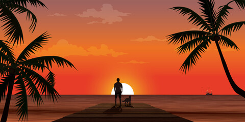 Silhouetted of man with his dog on wooden pier at seaside with sunset background vector illustration. - obrazy, fototapety, plakaty