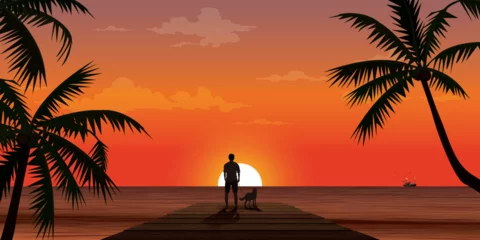 Rolgordijnen Silhouetted of man with his dog on wooden pier at seaside with sunset background vector illustration. © Wasitt