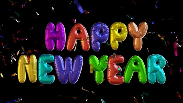 Happy New Year text and colorful confettis animation. Alpha channel PNG codec (only original 4K version) transparent background. Streamlabs OBS Overlay decoration. New Year celebration concept	