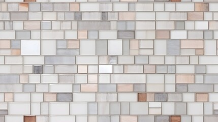 Obraz premium A close-up of a mosaic wall featuring square tiles in muted shades of beige, gray, and white, creating a modern and textured seamless surface