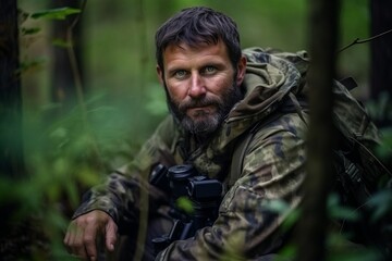 Portrait of a bearded hunter with binoculars in the forest
