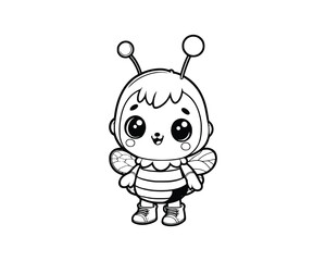 Cute Cartoon Character of bee for coloring book. outline line art. Printable Design. isolated white background