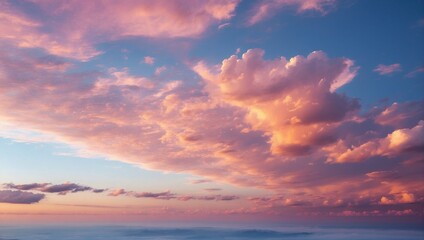 Fototapeta premium Sky at sunset with clouds in purple tones, image from the perspective of an airplane. Generative AI