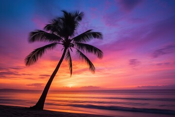 Beautiful nature tropical beach and sea with coconut palm tree at sunset time for travel and vacation