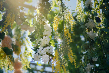 A magnificent archway decked with stunning flowers, drooping blooms, and lush foliage against a stunning blue sky.