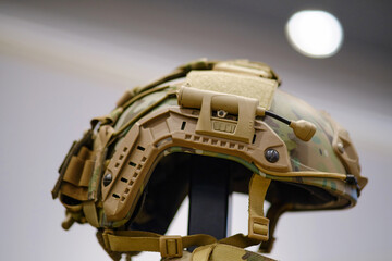 Exhibited in the military shop is the helmet that accompanies the khaki soldier ensemble.