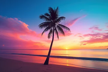 Fototapeten Beautiful nature tropical beach and sea with coconut palm tree at sunset time for travel and vacation © Rudsaphon