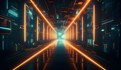 futuristic sci-fi background with neon lights and reflective tunnel motion patterns - obrazy, fototapety, plakaty