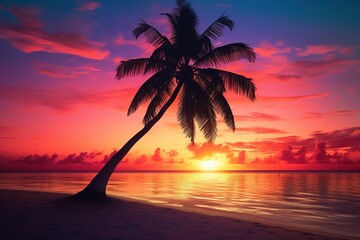 Beautiful nature tropical beach and sea with coconut palm tree at sunset time for travel and vacation - obrazy, fototapety, plakaty