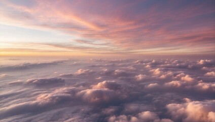 Obraz premium Sky at sunset with clouds in purple tones, image from the perspective of an airplane. Generative AI