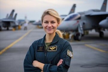 Portrait of a beautiful female pilot standing in front of the aircraft