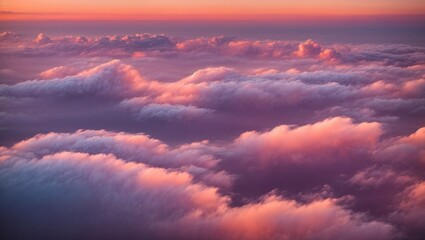 Sky at sunset with clouds in purple tones, image from the perspective of an airplane. Generative AI