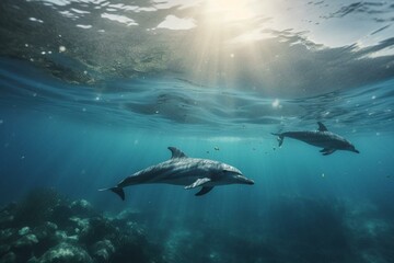 Illustration of dolphins swimming in the ocean. Generative AI