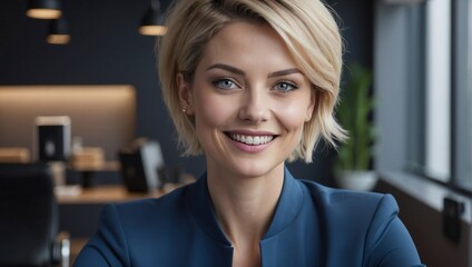 Obraz premium Confident Businesswoman in a Blue Suit in Workplace Setting. Generative AI