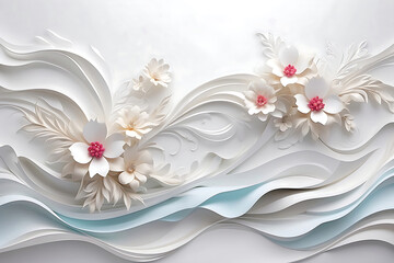Elegant White Silk Satin Beige Waves 3D Design Illustration Background with Diamond Painted Bright...