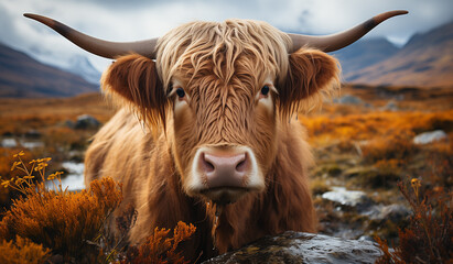 highland cow in winter - obrazy, fototapety, plakaty