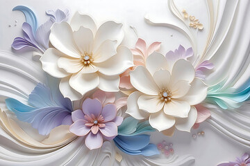 Elegant White Silk Satin Beige Waves 3D Design Illustration Background with Diamond Painted Bright Color Floral and Flowers. 3D Abstraction Interior Mural Wallpaper