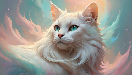 Fototapeta premium Fantasy Illustration of a cat. Digital art style wallpaper background.