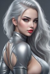 Illustration of a beautiful woman in a silver latex costume