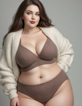 Beautiful plus size woman in beige lingerie,  Studio shot
