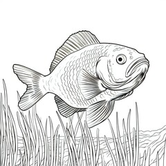 Black and white illustration of a fish on a white background