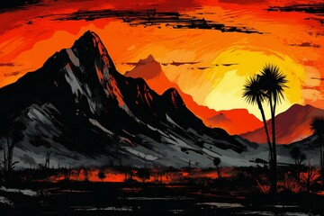 Sunset in the mountains with palm trees in the foreground, illustration