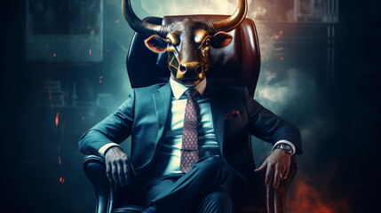 a bull with a business suit sitting in a chair with a stock market background  - obrazy, fototapety, plakaty