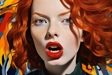 Close-up portrait of a beautiful red-haired girl with freckles and red lips on her face