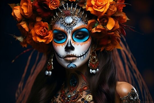 Beautiful woman with sugar skull makeup,  Dia de los muertos,  Day of The Dead,  Halloween