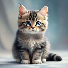 Cute Maine Coon kitten with blue eyes sitting on gray background