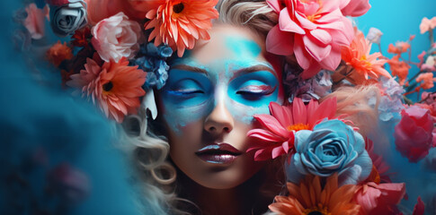 Beautiful girl with blue floral mask and pink flowers on her head. Nature fashion concept.