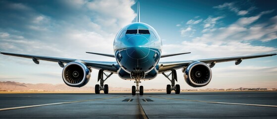 A large blue airplane sitting on the runway. Generative AI. - obrazy, fototapety, plakaty