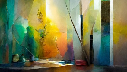 abstract painting with a mixed texture of paint coating media and organic materials with bright colors