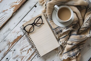 Notebook and coffee on the cozy wooden table.