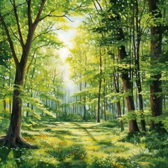Beautiful spring forest landscape with bright sun rays,  Digital painting