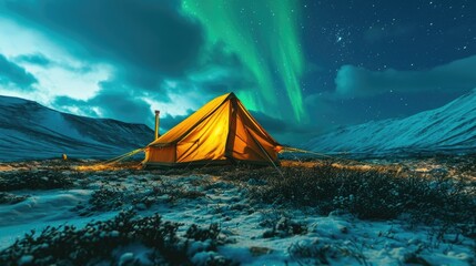 A glowing tent under a starry night sky with northern lights, surrounded by a snowy landscape and mountains