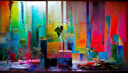 Obraz premium Abstract painting with a mixed texture of paint coating media and organic materials with vibrant colors