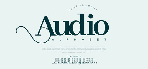 Audio premium luxury elegant alphabet letters and numbers. Elegant wedding typography classic serif font decorative vintage retro. Creative vector illustration - obrazy, fototapety, plakaty