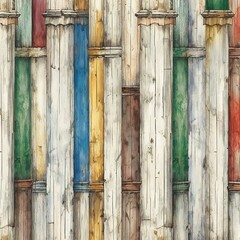 Old wooden fence painted with different colors,  Seamless texture