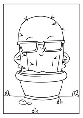 Cute kawaiiColoring page. Hand drawn doodle plants. Cartoon cactus for coloring book. Vector illustr