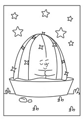 Cute kawaiiColoring page. Hand drawn doodle plants. Cartoon cactus for coloring book. Vector illustr