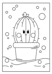 Cute kawaiiColoring page. Hand drawn doodle plants. Cartoon cactus for coloring book. Vector illustr