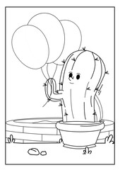 Cute kawaiiColoring page. Hand drawn doodle plants. Cartoon cactus for coloring book. Vector illustr