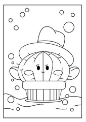 Cute kawaiiColoring page. Hand drawn doodle plants. Cartoon cactus for coloring book. Vector illustr