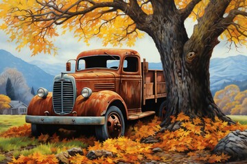 Vintage truck on the background of a beautiful autumn landscape,  Illustration