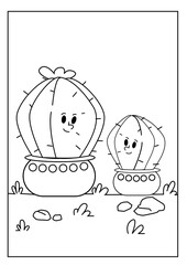 Cute kawaiiColoring page. Hand drawn doodle plants. Cartoon cactus for coloring book. Vector illustr