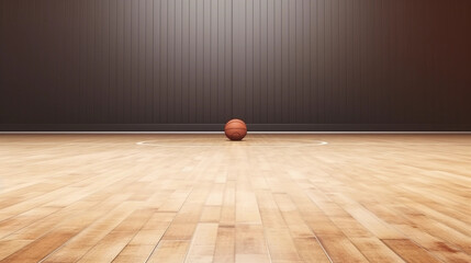Basketball court side view mockup with hoop tribune and wood parquet surface for teamwork 