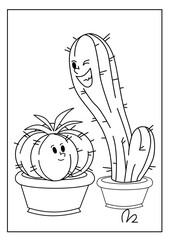 Cute kawaiiColoring page. Hand drawn doodle plants. Cartoon cactus for coloring book. Vector illustr