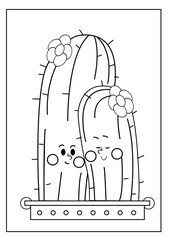 Cute kawaiiColoring page. Hand drawn doodle plants. Cartoon cactus for coloring book. Vector illustr