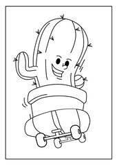Cute kawaiiColoring page. Hand drawn doodle plants. Cartoon cactus for coloring book. Vector illustr